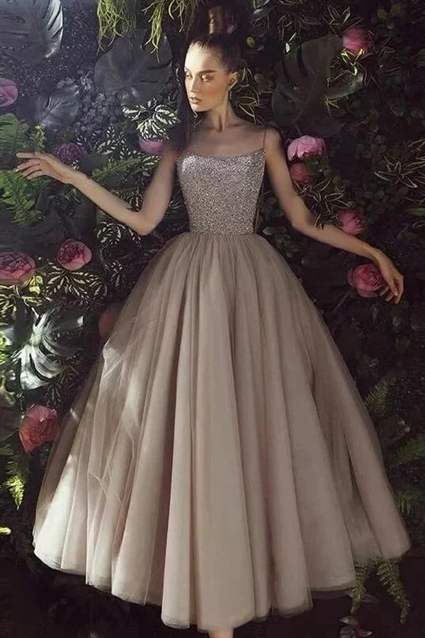 Spaghetti-Straps Sequins Long Tulle Evening Dress