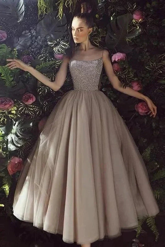 Spaghetti-Straps Sequins Long Tulle Evening Dress