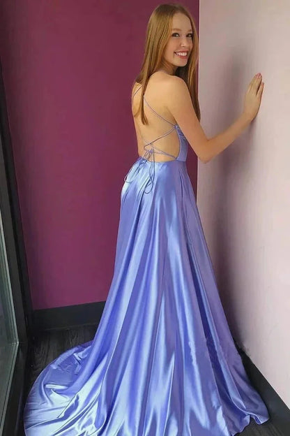 Spaghetti-Straps Split Evening Dress Long V-Neck