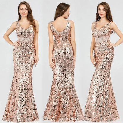 Sparkle Gold Sequins Prom Dress Long Mermaid Evening Party Gowns