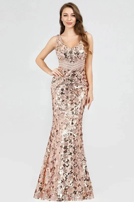 Sparkle Gold Sequins Prom Dress Long Mermaid Evening Party Gowns