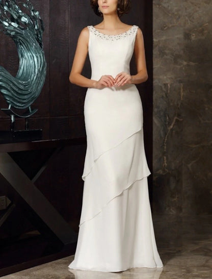 Two Piece Sheath / Column Mother of the Bride Dress Wedding Guest Elegant Plus Size Jewel Neck Floor Length Chiffon Long Sleeve Wrap Included Short Jacket Dresses with Beading Cascading Ruffles