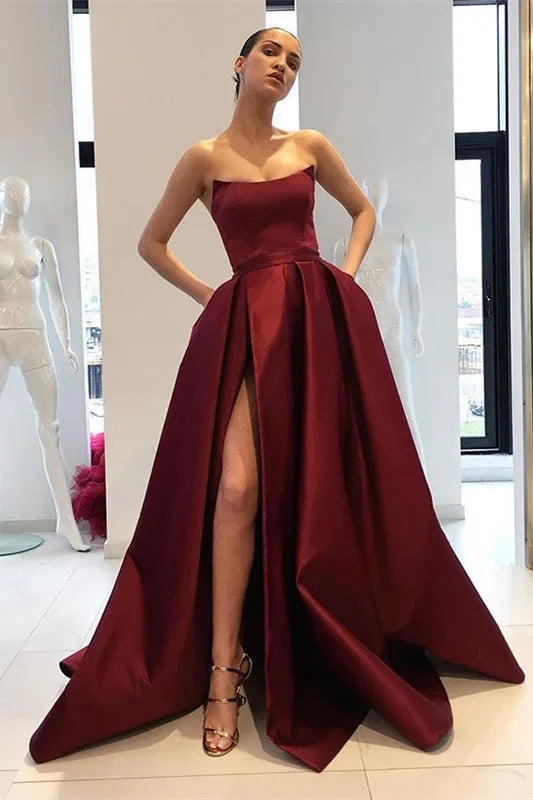 Strapless Burgundy Mermaid Evening Dress With Split