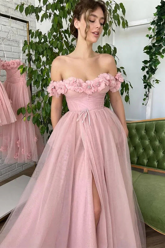 Stunning Dusty Pink Off-the-Shoulder Evening Dress Long Tulle With Flowers