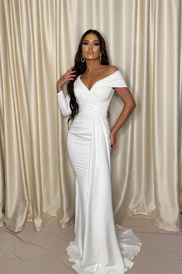 Stunning Long Sleeve Off-the-Shoulder White Evening Dress Mermaid Long With Pleats
