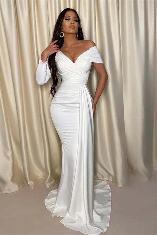 Stunning Long Sleeve Off-the-Shoulder White Evening Dress Mermaid Long With Pleats