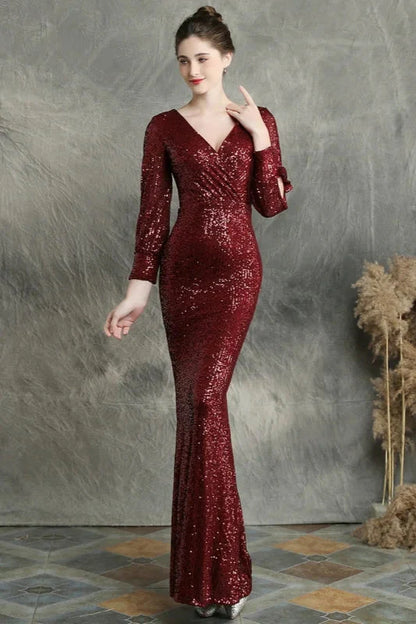 Stunning Long Sleeve Sequins Prom Dress Mermaid Evening Party Gowns