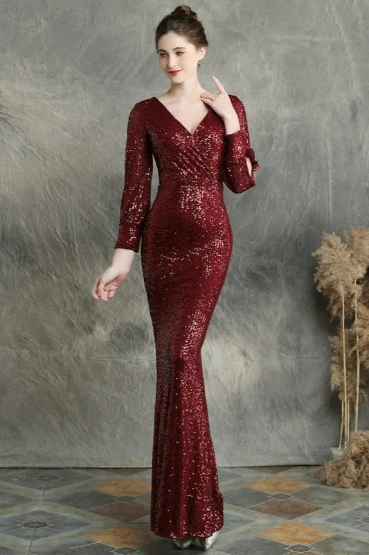 Stunning Long Sleeve Sequins Prom Dress Mermaid Evening Party Gowns