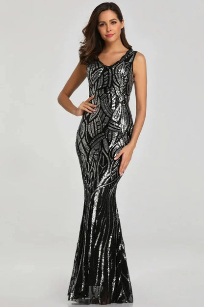 Stunning Sequins Long Evening Dress V-neck Mermaid Prom Dresses With Beadings