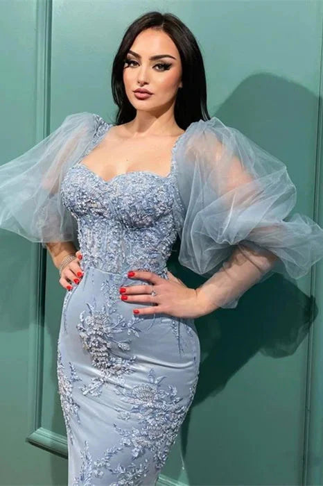 Stunning Tulle Sheer Long Sleeves Mermaid Evening Party Gowns Sweetheart With Appliques Overskirt
