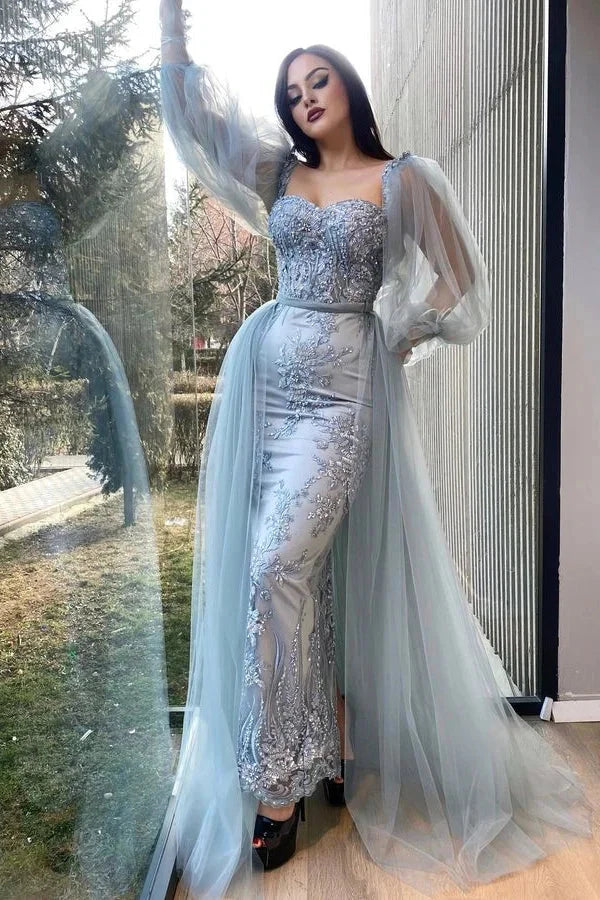 Stunning Tulle Sheer Long Sleeves Mermaid Evening Party Gowns Sweetheart With Appliques Overskirt