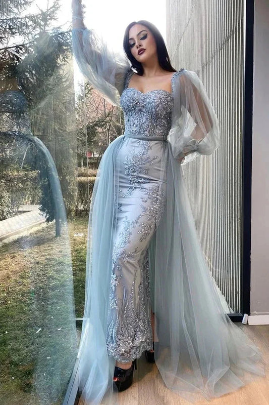 Stunning Tulle Sheer Long Sleeves Mermaid Evening Party Gowns Sweetheart With Appliques Overskirt