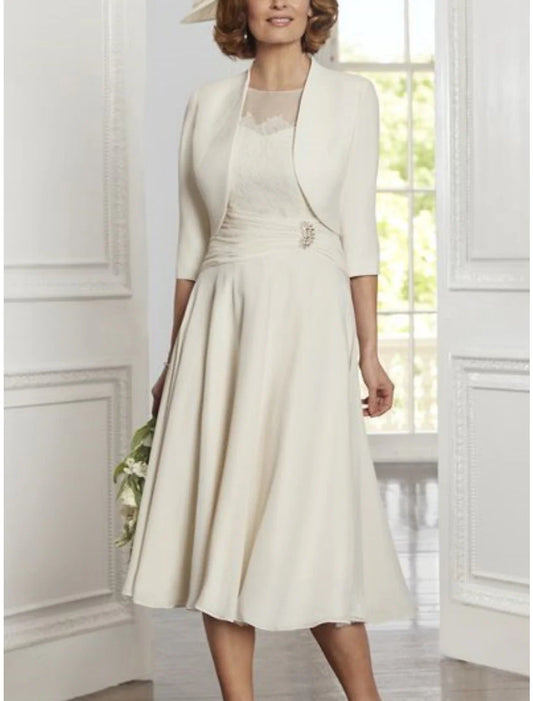 Two Piece A-Line Mother of the Bride Dress Elegant Party Scoop Neck Tea Length Lace  Chiffon 3/4 Length Sleeve with Pleats Crystals