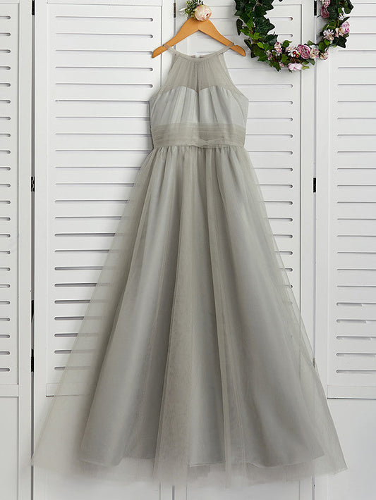 Tulle Flower Girl Dress with Ruching for A-Line Crew Neck Floor Length