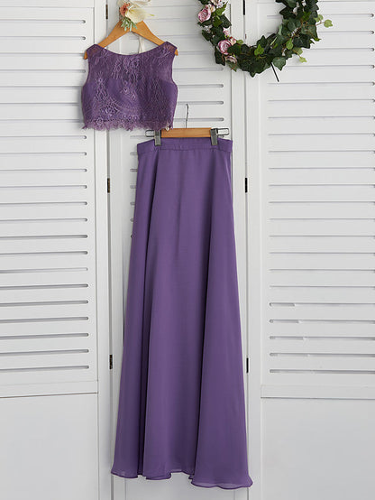 Two Piece A-Line Maxi Chiffon Lace Flower Girl Dress with Pleats
