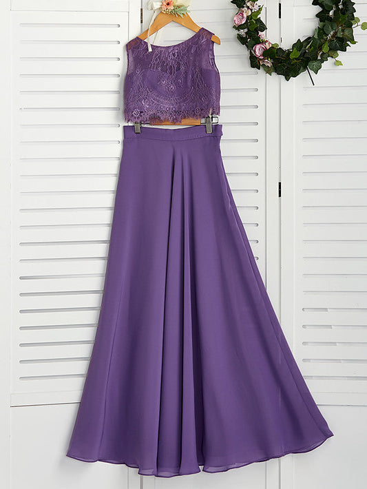 Two Piece A-Line Maxi Chiffon Lace Flower Girl Dress with Pleats