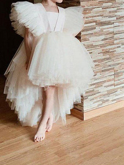 V Neck Ball Gown Knee Length Flower Girl Dress with Tulle and Tier Appliques
