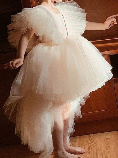 V Neck Ball Gown Knee Length Flower Girl Dress with Tulle and Tier Appliques