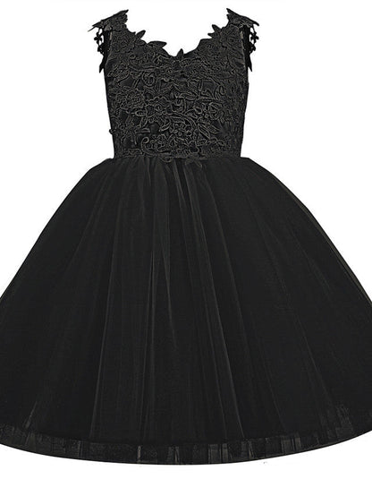 V Neck Short Length Flower Girl Dress with Bow Appliques in Taffeta Tulle
