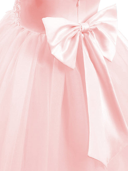 V Neck Short Length Flower Girl Dress with Bow Appliques in Taffeta Tulle