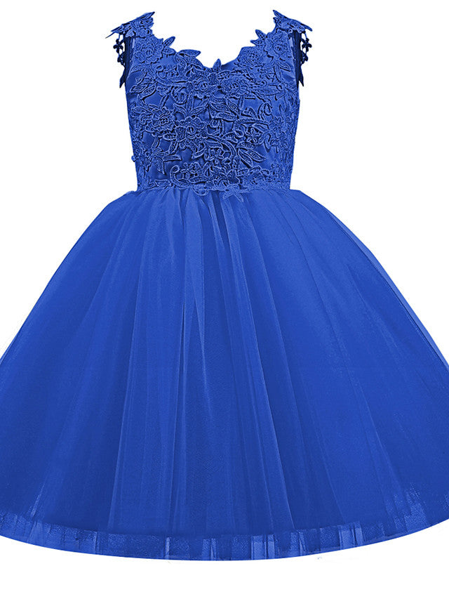 V Neck Short Length Flower Girl Dress with Bow Appliques in Taffeta Tulle
