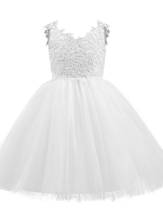 V Neck Short Length Flower Girl Dress with Bow Appliques in Taffeta Tulle