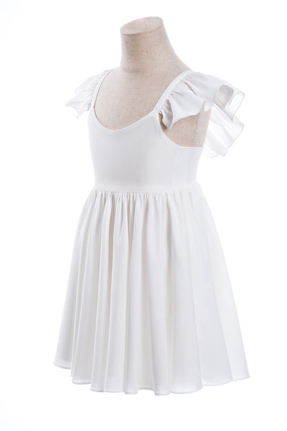 White A-Line Cap Sleeves Flower Girl Dress with Pleated Ruffles