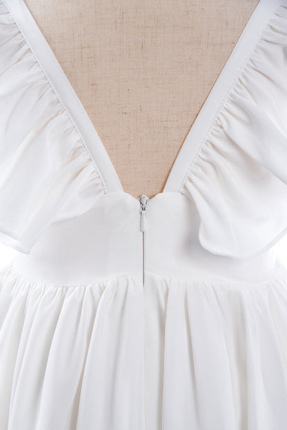 White A-Line Cap Sleeves Flower Girl Dress with Pleated Ruffles