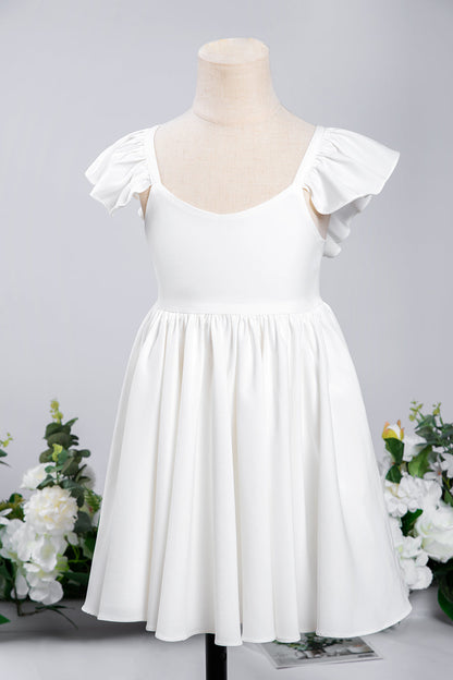 White A-Line Cap Sleeves Flower Girl Dress with Pleated Ruffles