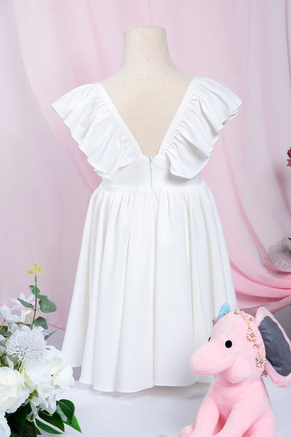White A-Line Cap Sleeves Flower Girl Dress with Pleated Ruffles
