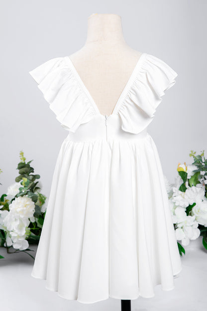 White A-Line Cap Sleeves Flower Girl Dress with Pleated Ruffles