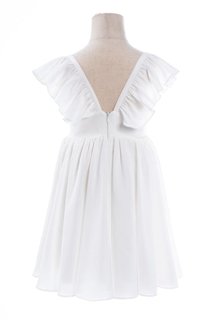 White A-Line Cap Sleeves Flower Girl Dress with Pleated Ruffles