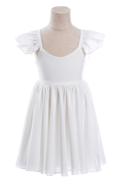 White A-Line Cap Sleeves Flower Girl Dress with Pleated Ruffles