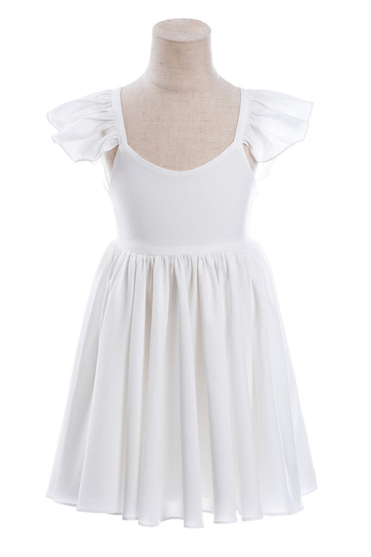 White A-Line Cap Sleeves Flower Girl Dress with Pleated Ruffles