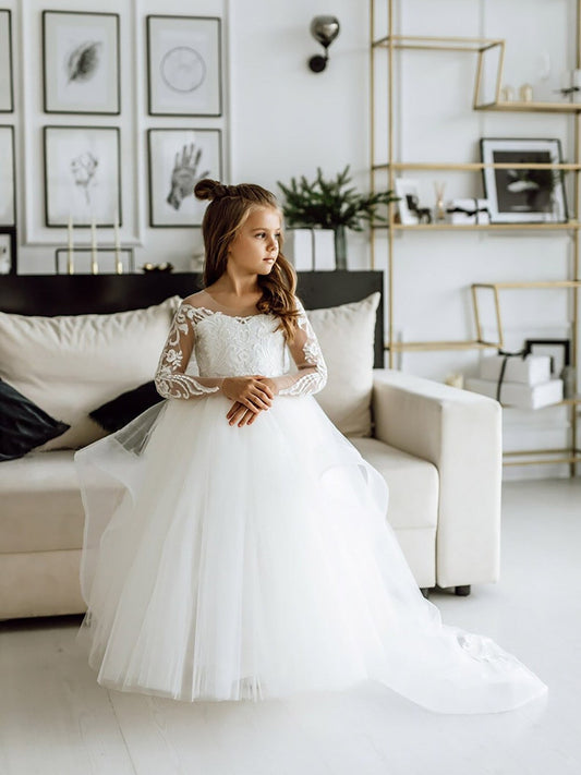 White Long Sleeves Ball Gown with Bow Appliques for Flower Girl Dress