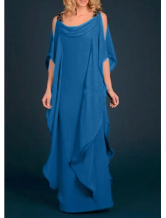 Sheath / Column Mother of the Bride Dress Wedding Guest Elegant Plus Size Scoop Neck Floor Length Chiffon Half Sleeve with Appliques