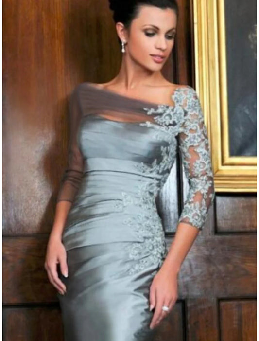Sheath / Column Mother of the Bride Dress Wedding Guest Elegant See Through Bateau Neck Knee Length Taffeta 3/4 Length Sleeve with Beading Appliques Ruching