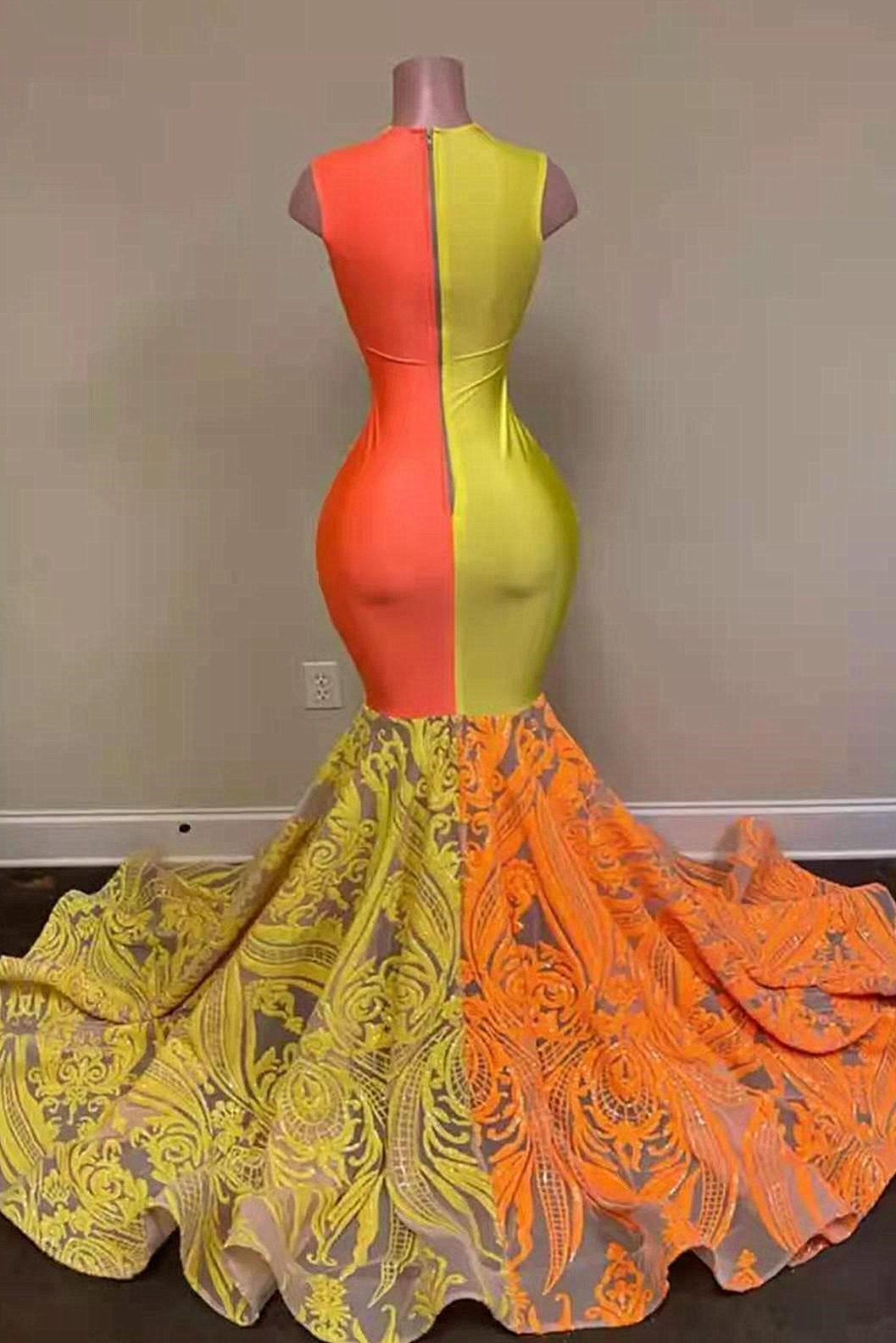 Yellow and Orange Mermaid Lace Sleeveless Prom Dress
