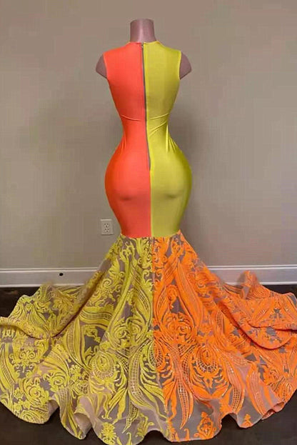 Yellow and Orange Mermaid Lace Sleeveless Prom Dress