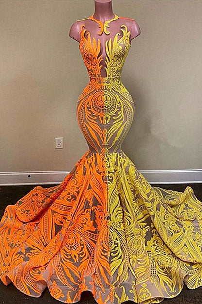Yellow and Orange Mermaid Lace Sleeveless Prom Dress