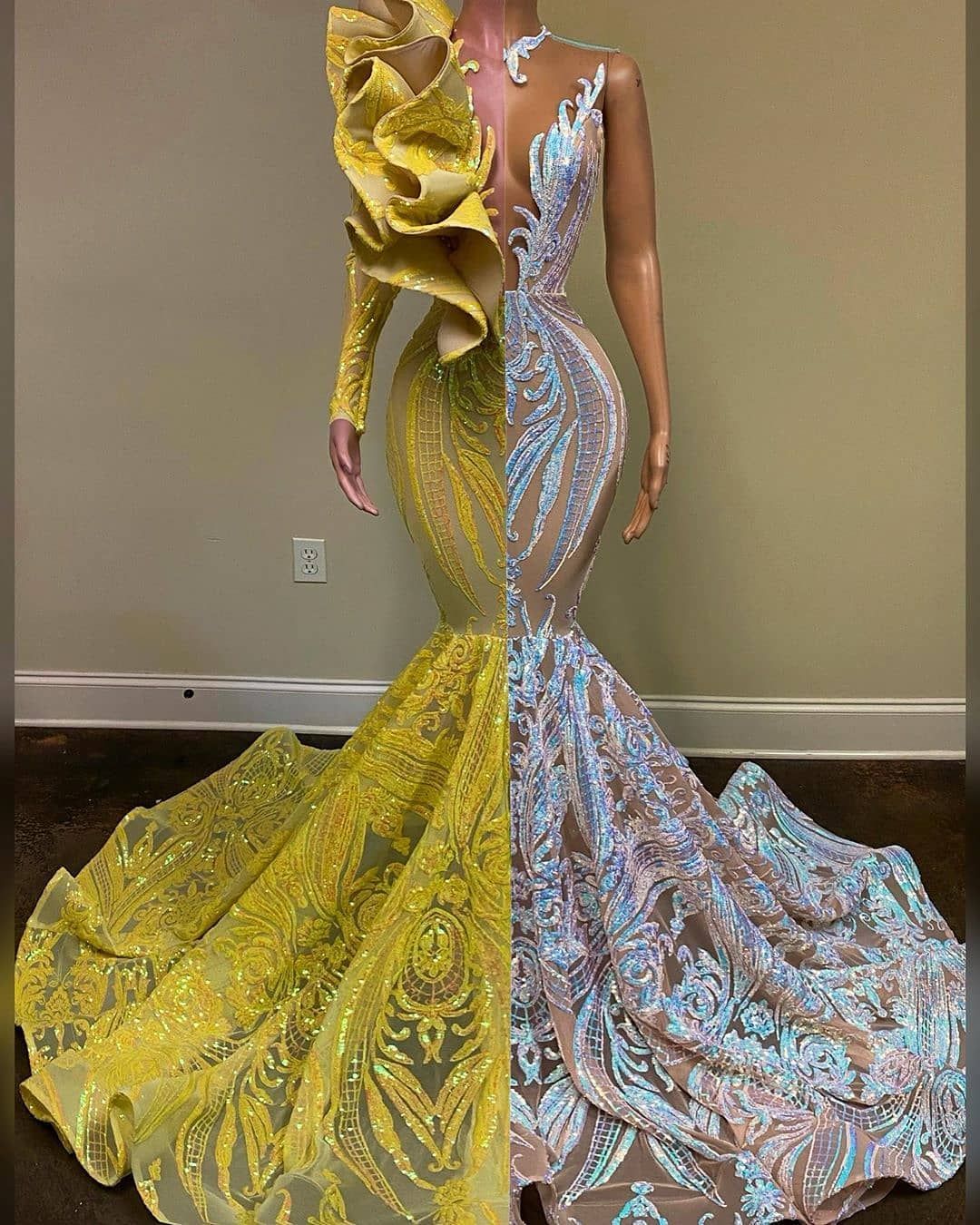 Yellow and Silver Long Sleeves Mermaid Lace Jewel Prom Dress