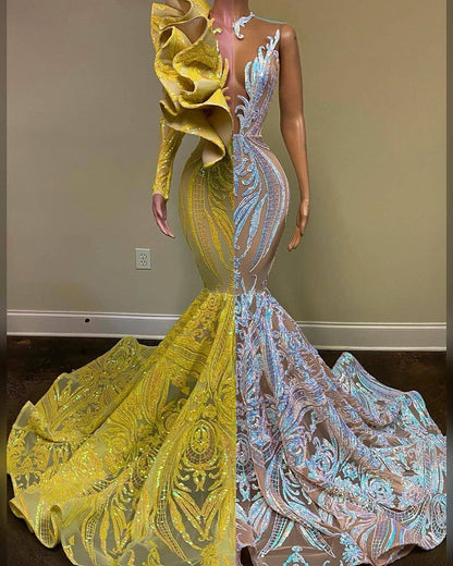 Yellow and Silver Long Sleeves Mermaid Lace Jewel Prom Dress