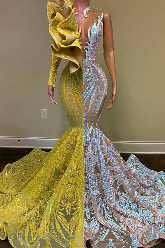 Yellow and Silver Long Sleeves Mermaid Lace Jewel Prom Dress