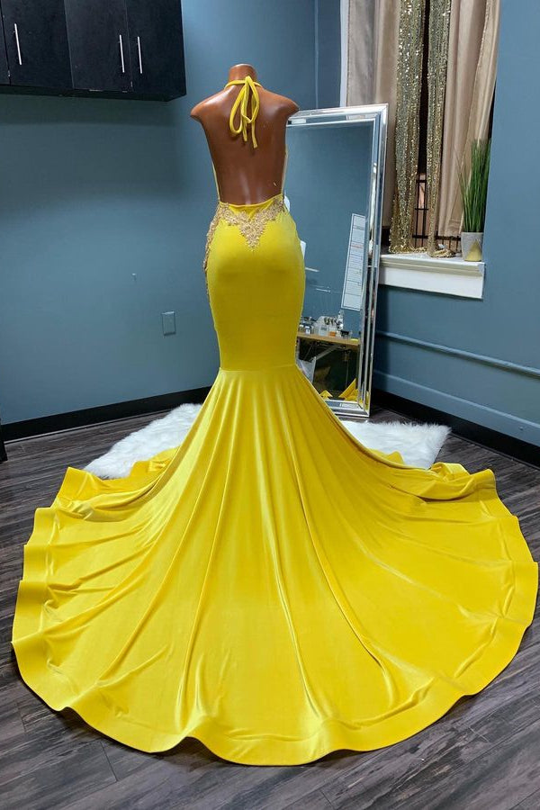 Yellow Sleeveless Halter Backless Mermaid Prom Dress