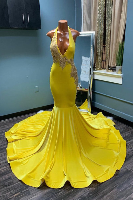 Yellow Sleeveless Halter Backless Mermaid Prom Dress
