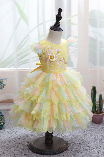 Yellow Tulle Ruffles Flower Girl Dress for Weddings with Appliques