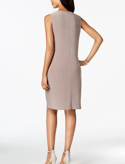 Two Piece Sheath / Column Mother of the Bride Dress Wedding Guest Elegant Jewel Neck Knee Length Chiffon Sleeveless Wrap Included Jacket Dresses with Sequin Ruching