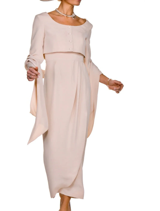Two Piece Sheath / Column Mother of the Bride Dress Wedding Guest Elegant Square Neck Ankle Length  Fabric Sleeveless Short Jacket Dresses with Buttons Pleats