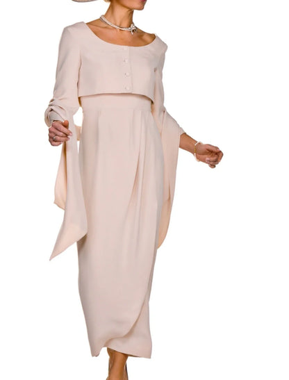 Two Piece Sheath / Column Mother of the Bride Dress Wedding Guest Elegant Square Neck Ankle Length  Fabric Sleeveless Short Jacket Dresses with Buttons Pleats