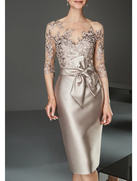 Sheath / Column Mother of the Bride Dress Wedding Guest Elegant Plus Size See Through Bateau Neck Knee Length Satin Tulle Half Sleeve with Beading Ruffles